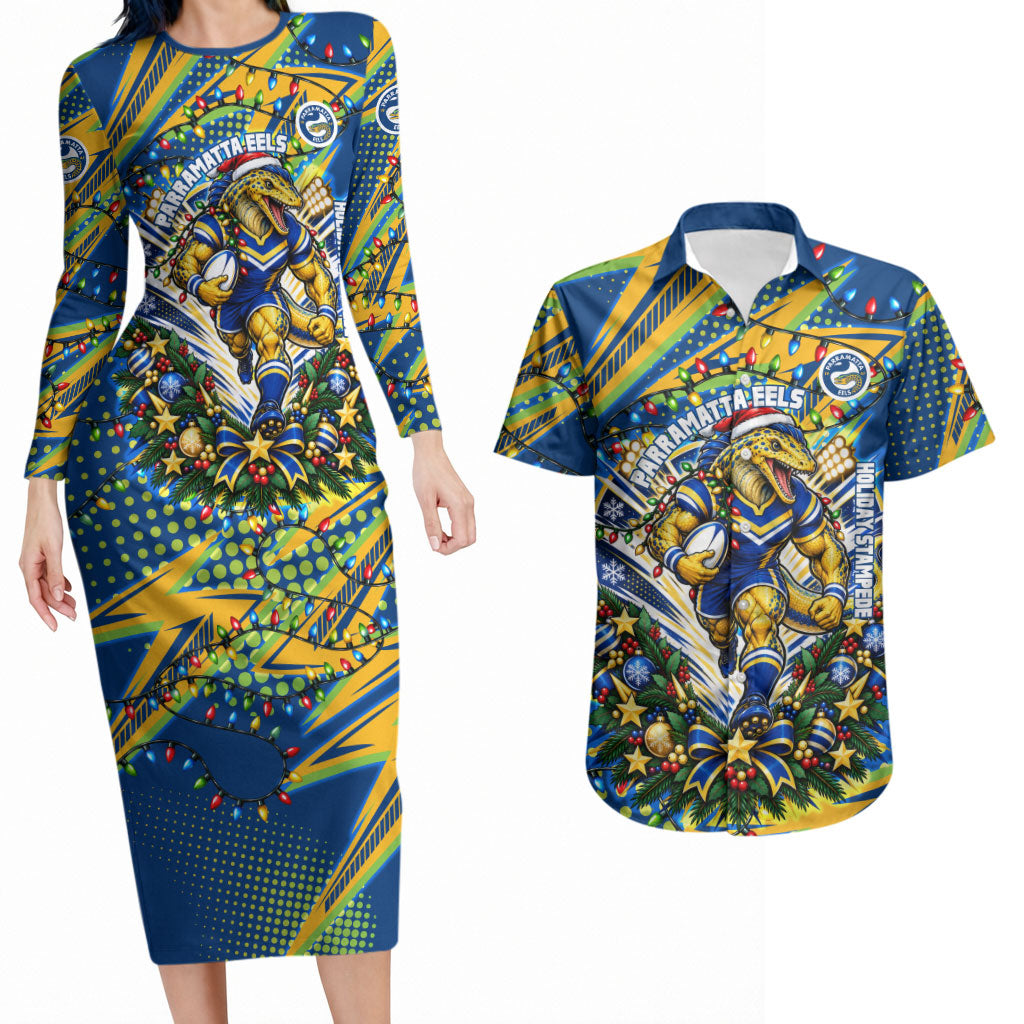Personalized Parramatta Eels Rugby Christmas Couples Matching Long Sleeve Bodycon Dress and Hawaiian Shirt Holiday Mascot Graphic Art Festive Lights Bow