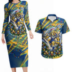 Personalized Parramatta Eels Rugby Christmas Couples Matching Long Sleeve Bodycon Dress and Hawaiian Shirt Holiday Mascot Graphic Art Festive Lights Bow