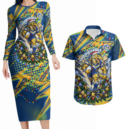 Personalized Parramatta Eels Rugby Christmas Couples Matching Long Sleeve Bodycon Dress and Hawaiian Shirt Holiday Mascot Graphic Art Festive Lights Bow
