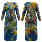 Personalized Parramatta Eels Rugby Christmas Couples Matching Long Sleeve Bodycon Dress and Hawaiian Shirt Holiday Mascot Graphic Art Festive Lights Bow