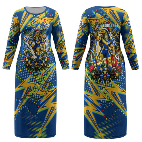 Personalized Parramatta Eels Rugby Christmas Couples Matching Long Sleeve Bodycon Dress and Hawaiian Shirt Holiday Mascot Graphic Art Festive Lights Bow