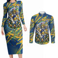 Personalized Parramatta Eels Rugby Christmas Couples Matching Long Sleeve Bodycon Dress and Long Sleeve Button Shirt Holiday Mascot Graphic Art Festive Lights Bow