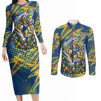 Personalized Parramatta Eels Rugby Christmas Couples Matching Long Sleeve Bodycon Dress and Long Sleeve Button Shirt Holiday Mascot Graphic Art Festive Lights Bow