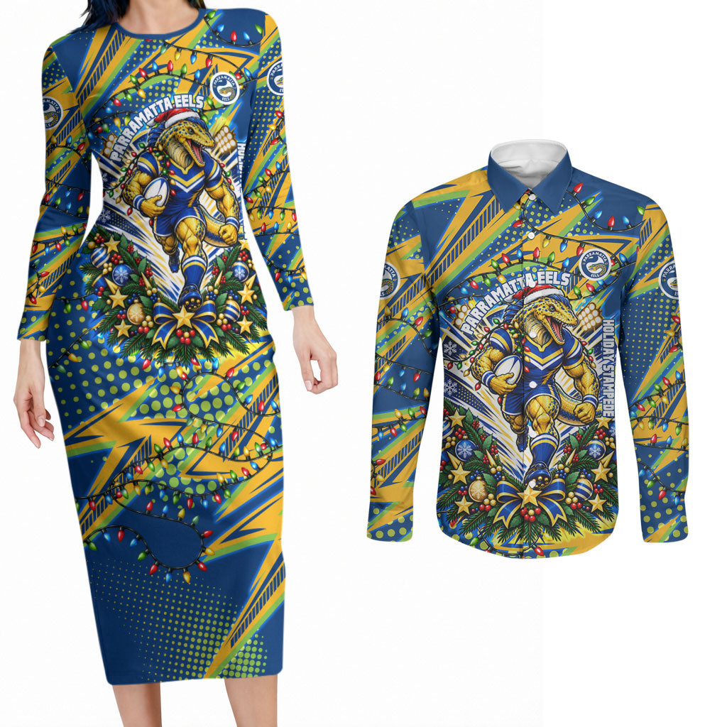 Personalized Parramatta Eels Rugby Christmas Couples Matching Long Sleeve Bodycon Dress and Long Sleeve Button Shirt Holiday Mascot Graphic Art Festive Lights Bow