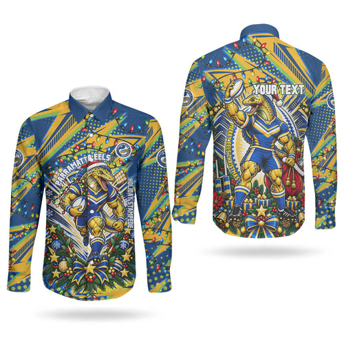 Personalized Parramatta Eels Rugby Christmas Couples Matching Long Sleeve Bodycon Dress and Long Sleeve Button Shirt Holiday Mascot Graphic Art Festive Lights Bow