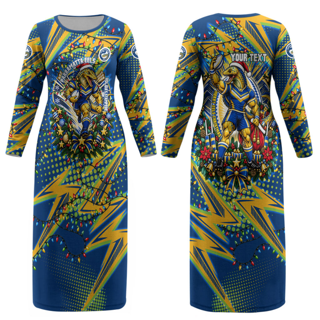 Personalized Parramatta Eels Rugby Christmas Couples Matching Long Sleeve Bodycon Dress and Long Sleeve Button Shirt Holiday Mascot Graphic Art Festive Lights Bow