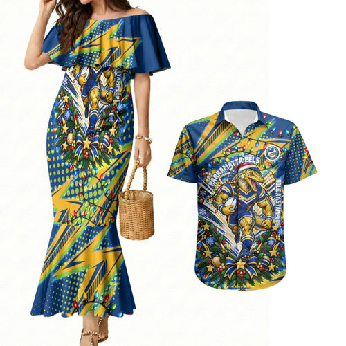 Personalized Parramatta Eels Rugby Christmas Couples Matching Mermaid Dress and Hawaiian Shirt Holiday Mascot Graphic Art Festive Lights Bow
