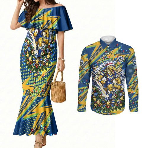Personalized Parramatta Eels Rugby Christmas Couples Matching Mermaid Dress and Long Sleeve Button Shirt Holiday Mascot Graphic Art Festive Lights Bow