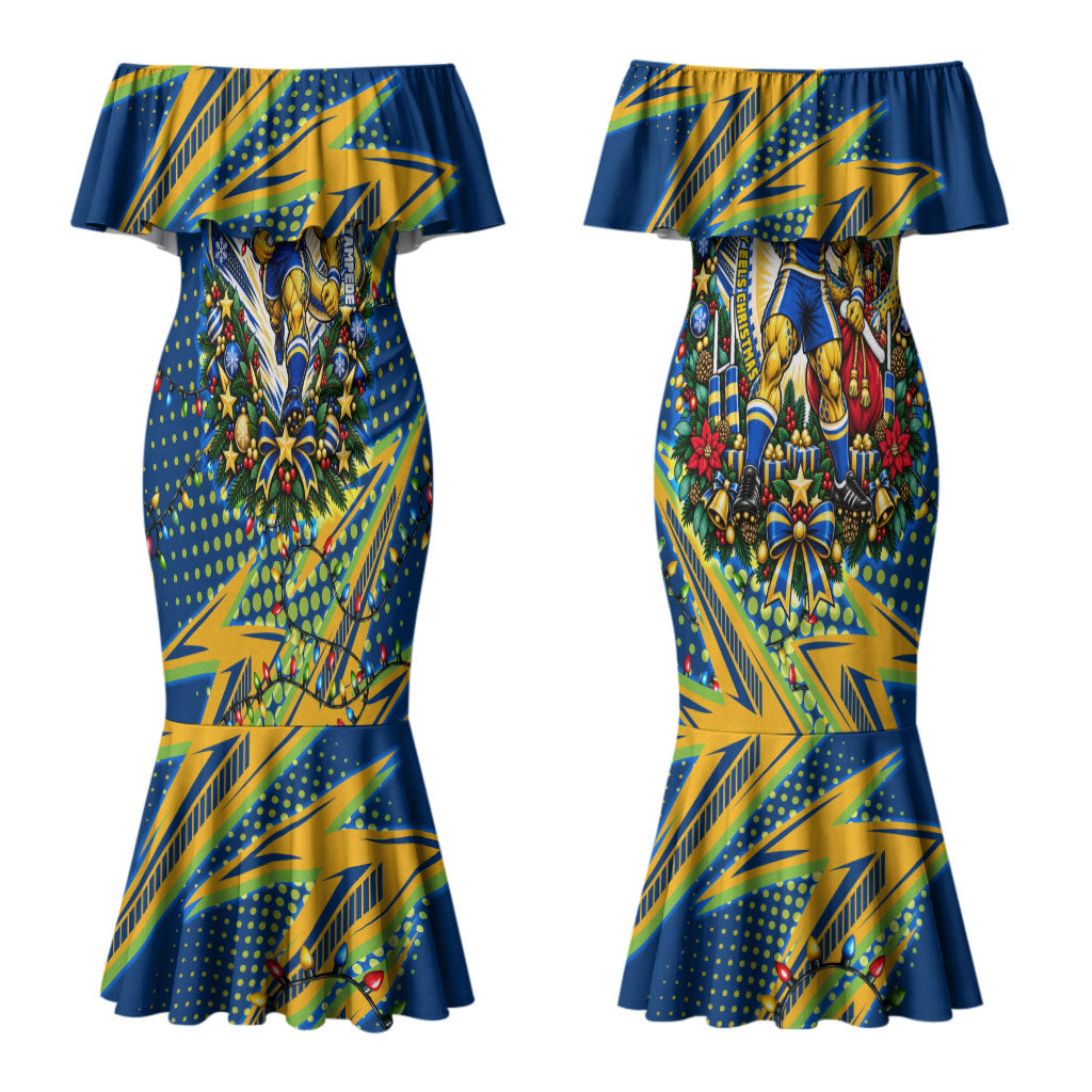 Personalized Parramatta Eels Rugby Christmas Couples Matching Mermaid Dress and Long Sleeve Button Shirt Holiday Mascot Graphic Art Festive Lights Bow
