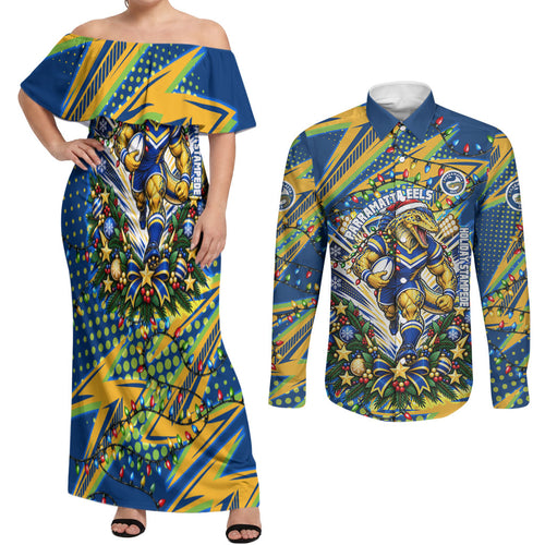 Personalized Parramatta Eels Rugby Christmas Couples Matching Off Shoulder Maxi Dress and Long Sleeve Button Shirt Holiday Mascot Graphic Art Festive Lights Bow