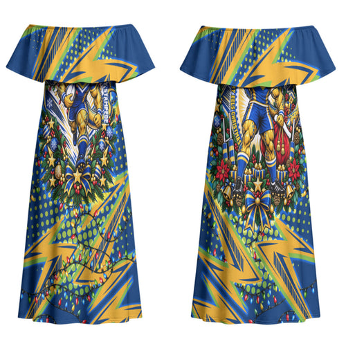 Personalized Parramatta Eels Rugby Christmas Couples Matching Off Shoulder Maxi Dress and Long Sleeve Button Shirt Holiday Mascot Graphic Art Festive Lights Bow