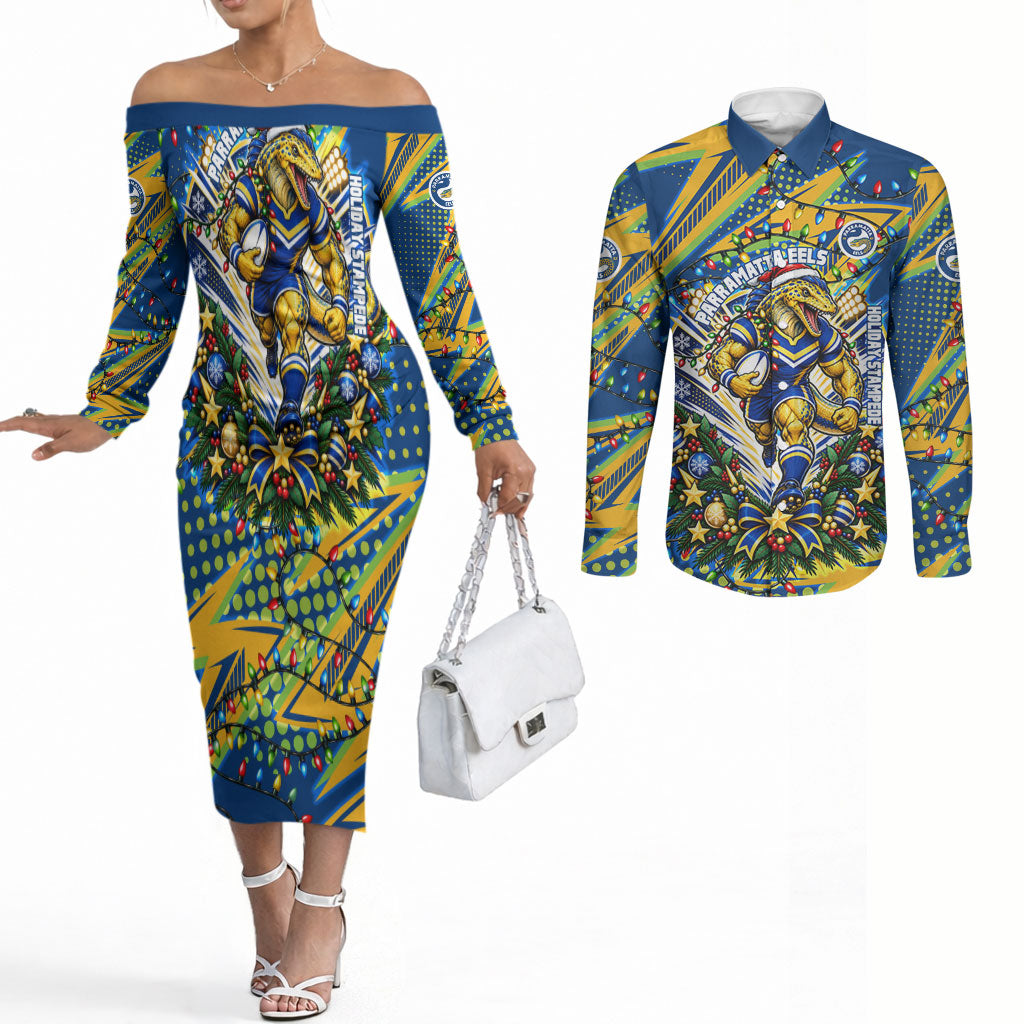 Personalized Parramatta Eels Rugby Christmas Couples Matching Off The Shoulder Long Sleeve Dress and Long Sleeve Button Shirt Holiday Mascot Graphic Art Festive Lights Bow