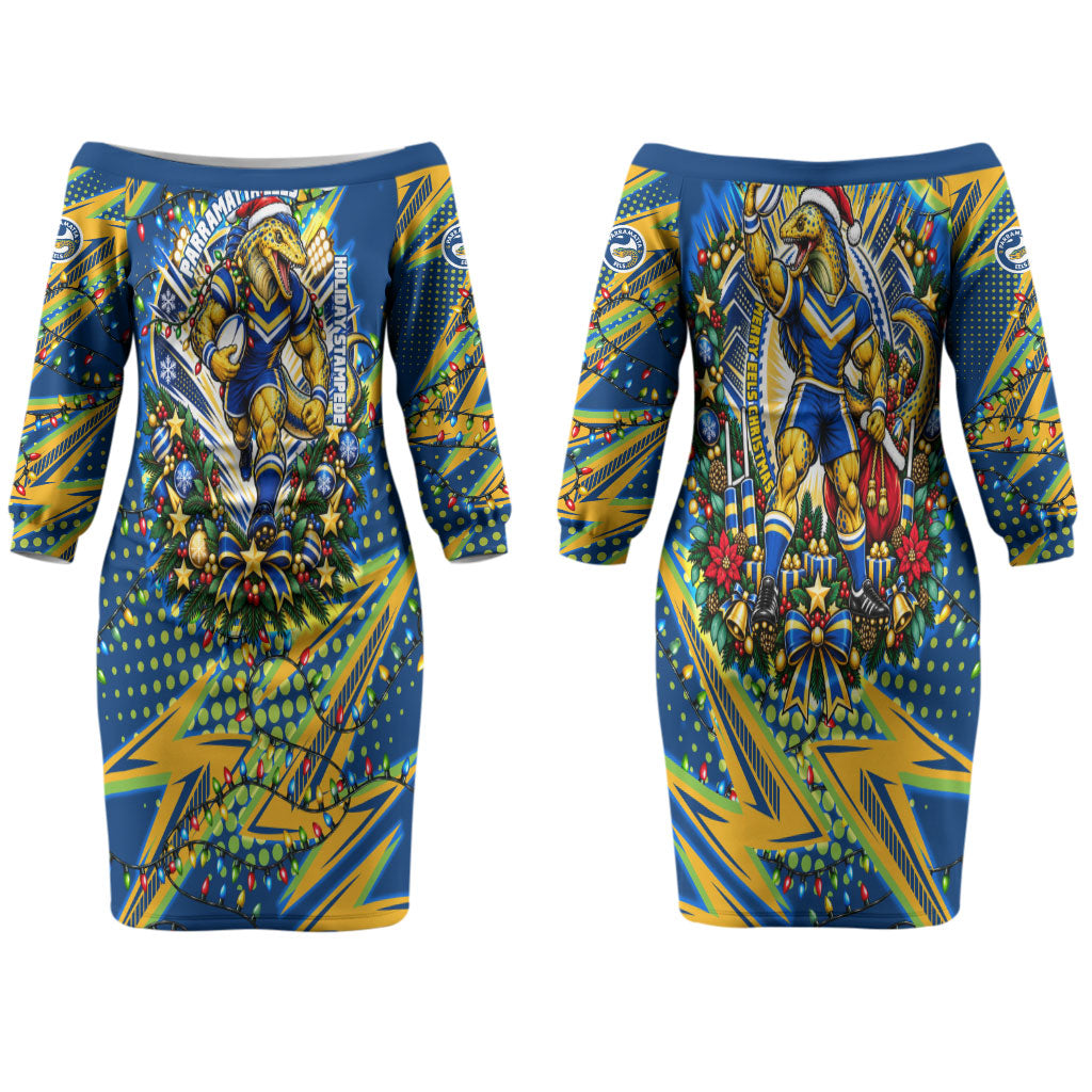 Personalized Parramatta Eels Rugby Christmas Couples Matching Off The Shoulder Long Sleeve Dress and Long Sleeve Button Shirt Holiday Mascot Graphic Art Festive Lights Bow