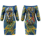 Personalized Parramatta Eels Rugby Christmas Couples Matching Off The Shoulder Long Sleeve Dress and Long Sleeve Button Shirt Holiday Mascot Graphic Art Festive Lights Bow