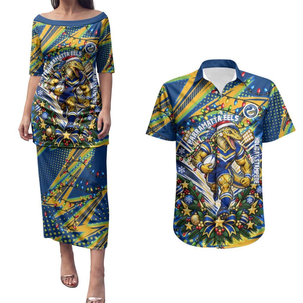 Personalized Parramatta Eels Rugby Christmas Couples Matching Puletasi and Hawaiian Shirt Holiday Mascot Graphic Art Festive Lights Bow