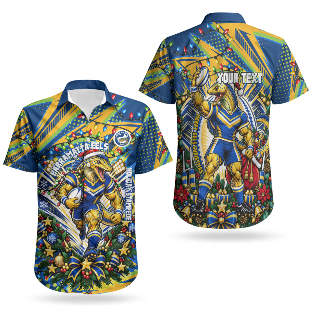 Personalized Parramatta Eels Rugby Christmas Couples Matching Puletasi and Hawaiian Shirt Holiday Mascot Graphic Art Festive Lights Bow
