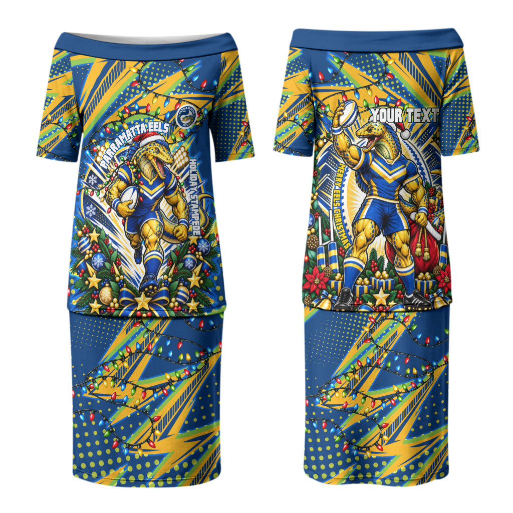 Personalized Parramatta Eels Rugby Christmas Couples Matching Puletasi and Hawaiian Shirt Holiday Mascot Graphic Art Festive Lights Bow