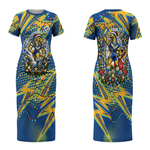 Personalized Parramatta Eels Rugby Christmas Couples Matching Short Sleeve Bodycon Dress and Hawaiian Shirt Holiday Mascot Graphic Art Festive Lights Bow
