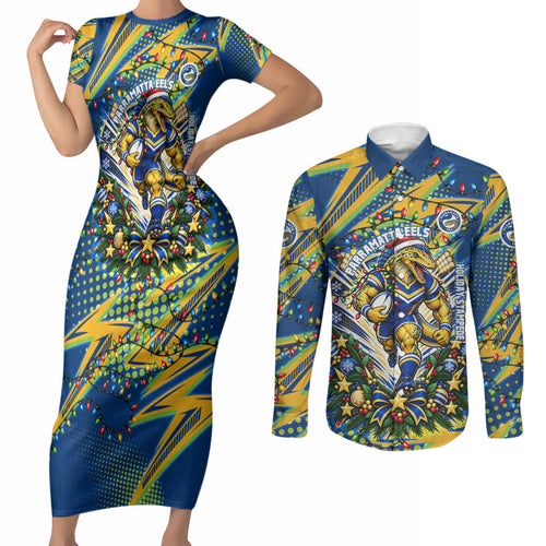 Personalized Parramatta Eels Rugby Christmas Couples Matching Short Sleeve Bodycon Dress and Long Sleeve Button Shirt Holiday Mascot Graphic Art Festive Lights Bow