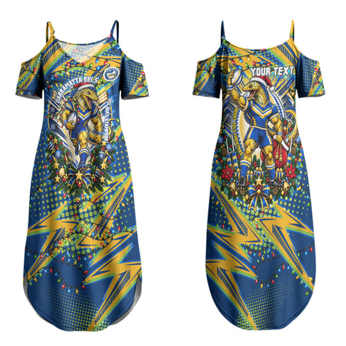Personalized Parramatta Eels Rugby Christmas Couples Matching Summer Maxi Dress and Hawaiian Shirt Holiday Mascot Graphic Art Festive Lights Bow