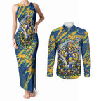Personalized Parramatta Eels Rugby Christmas Couples Matching Tank Maxi Dress and Long Sleeve Button Shirt Holiday Mascot Graphic Art Festive Lights Bow