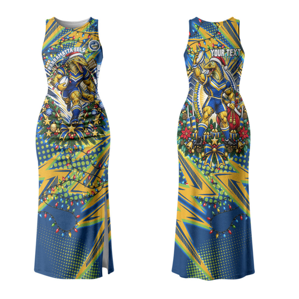 Personalized Parramatta Eels Rugby Christmas Couples Matching Tank Maxi Dress and Long Sleeve Button Shirt Holiday Mascot Graphic Art Festive Lights Bow