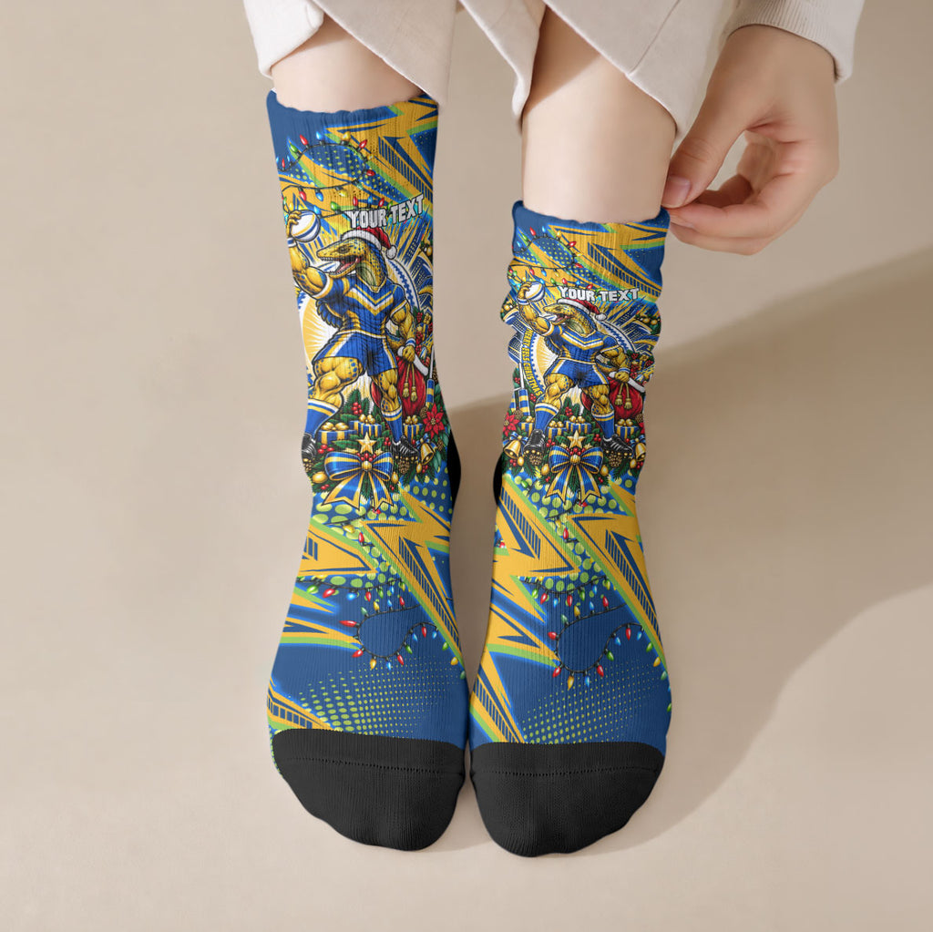 Personalized Parramatta Eels Rugby Christmas Crew Socks Holiday Mascot Graphic Art Festive Lights Bow
