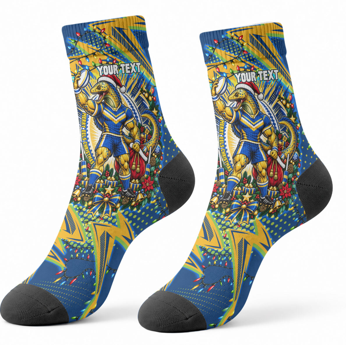 Personalized Parramatta Eels Rugby Christmas Crew Socks Holiday Mascot Graphic Art Festive Lights Bow
