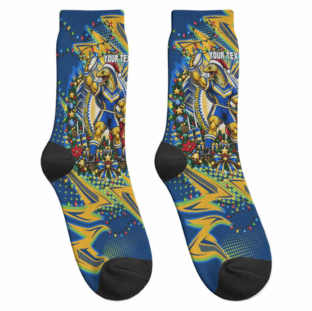 Personalized Parramatta Eels Rugby Christmas Crew Socks Holiday Mascot Graphic Art Festive Lights Bow