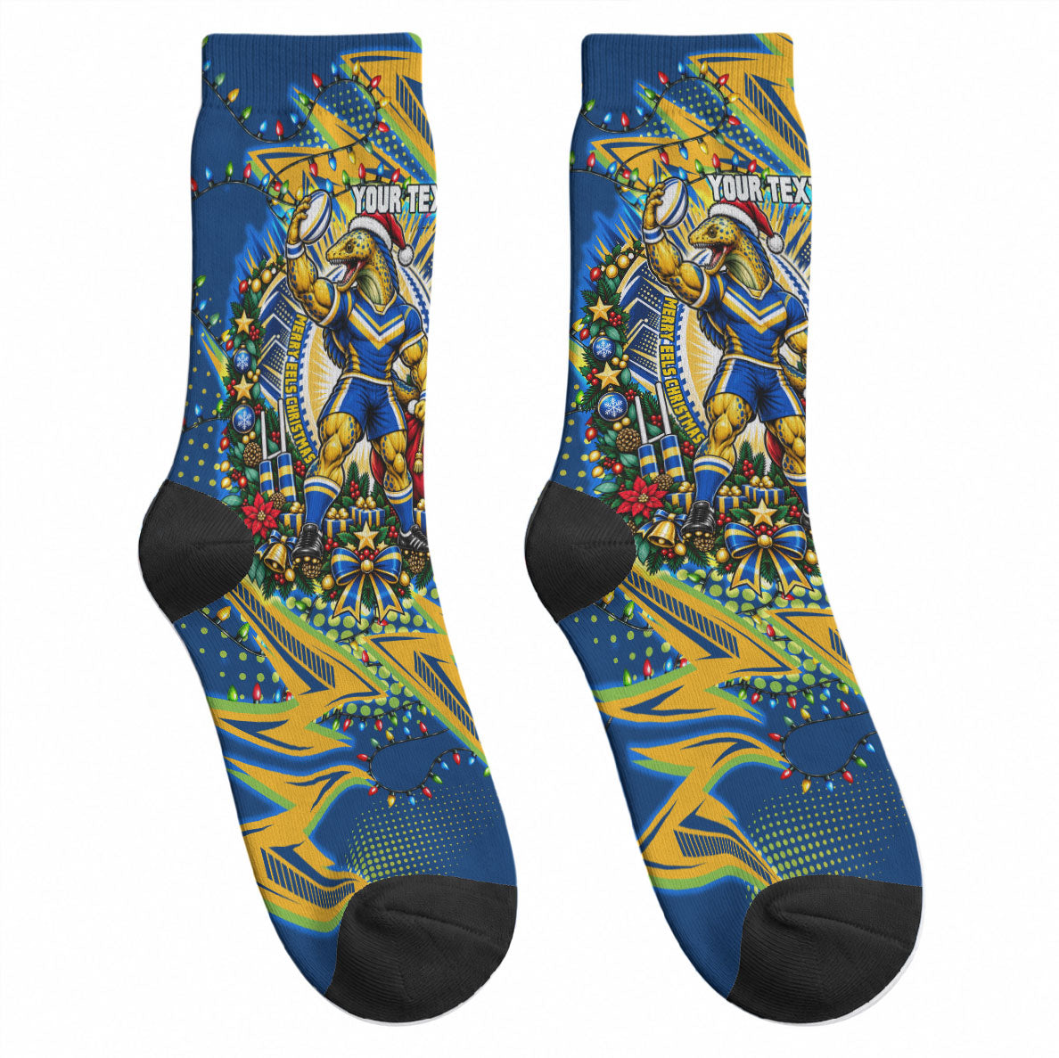 Personalized Parramatta Eels Rugby Christmas Crew Socks Holiday Mascot Graphic Art Festive Lights Bow
