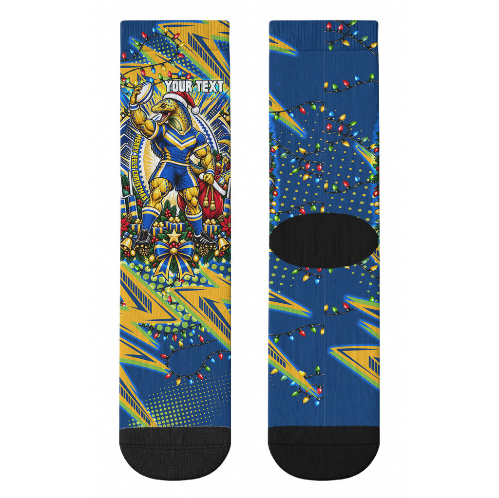 Personalized Parramatta Eels Rugby Christmas Crew Socks Holiday Mascot Graphic Art Festive Lights Bow
