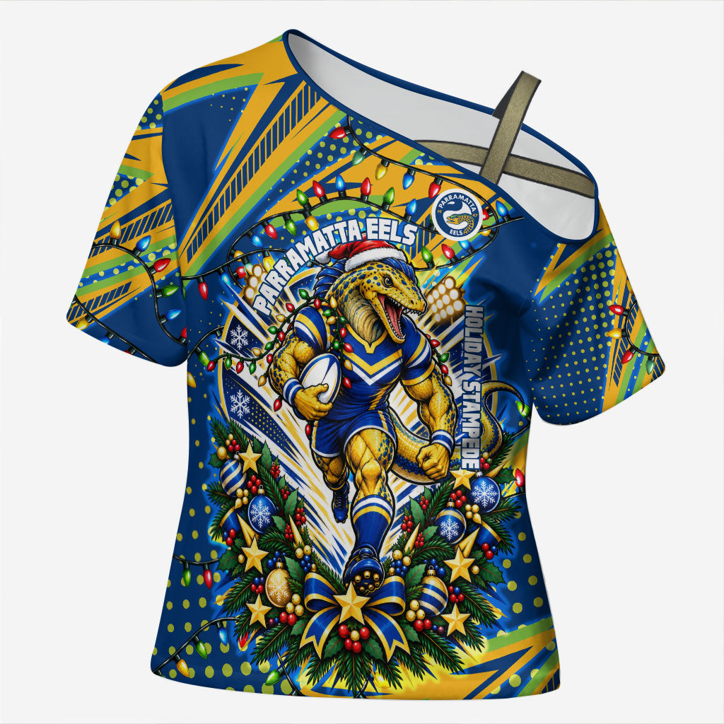 Personalized Parramatta Eels Rugby Christmas Cross Shoulder Shirt Holiday Mascot Graphic Art Festive Lights Bow