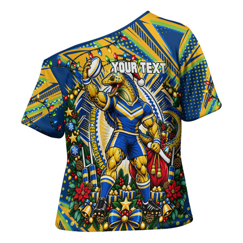 Personalized Parramatta Eels Rugby Christmas Cross Shoulder Shirt Holiday Mascot Graphic Art Festive Lights Bow