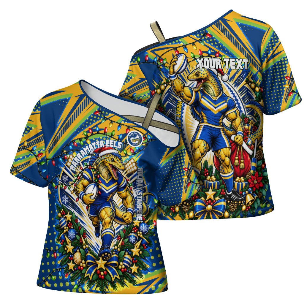 Personalized Parramatta Eels Rugby Christmas Cross Shoulder Shirt Holiday Mascot Graphic Art Festive Lights Bow
