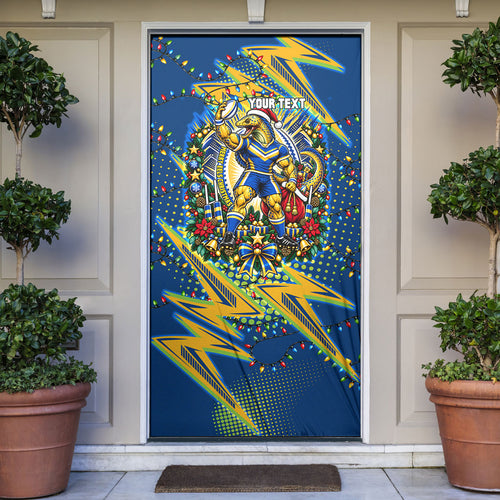 Personalized Parramatta Eels Rugby Christmas Door Cover Holiday Mascot Graphic Art Festive Lights Bow