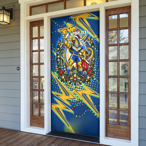 Personalized Parramatta Eels Rugby Christmas Door Cover Holiday Mascot Graphic Art Festive Lights Bow