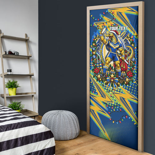 Personalized Parramatta Eels Rugby Christmas Door Cover Holiday Mascot Graphic Art Festive Lights Bow