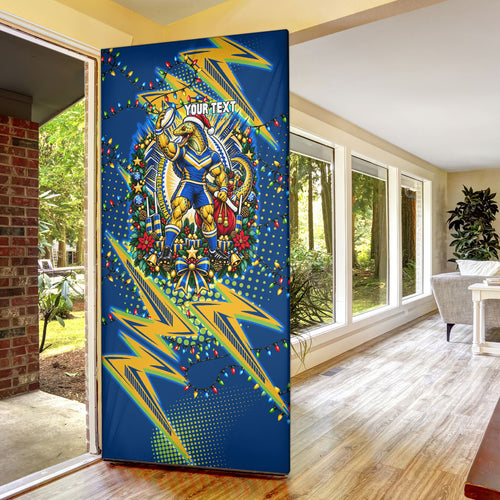 Personalized Parramatta Eels Rugby Christmas Door Cover Holiday Mascot Graphic Art Festive Lights Bow