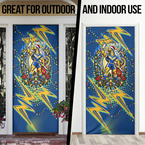 Personalized Parramatta Eels Rugby Christmas Door Cover Holiday Mascot Graphic Art Festive Lights Bow