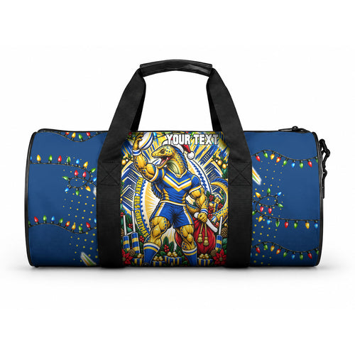 Personalized Parramatta Eels Rugby Christmas Duffle Bag Holiday Mascot Graphic Art Festive Lights Bow