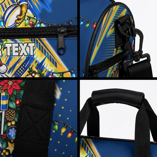 Personalized Parramatta Eels Rugby Christmas Duffle Bag Holiday Mascot Graphic Art Festive Lights Bow