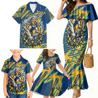 Personalized Parramatta Eels Rugby Christmas Family Matching Mermaid Dress and Hawaiian Shirt Holiday Mascot Graphic Art Festive Lights Bow