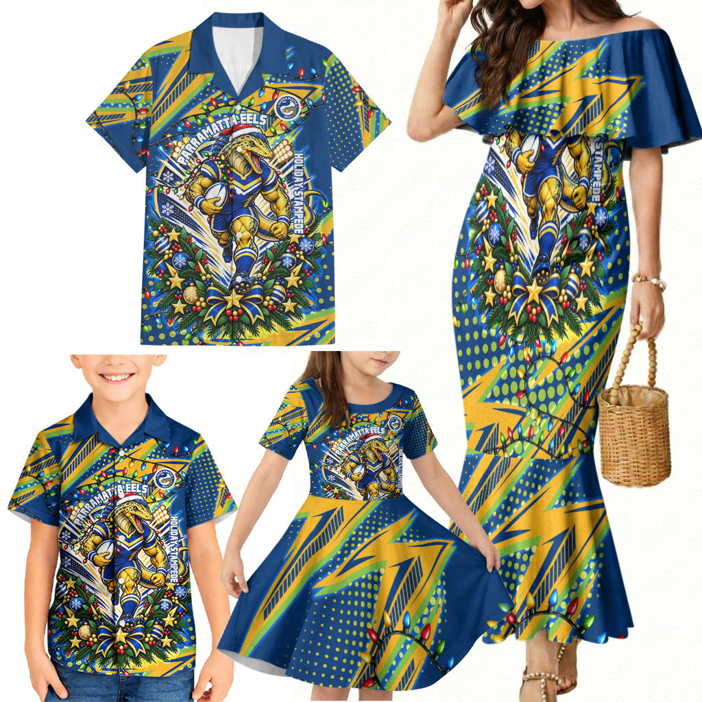 Personalized Parramatta Eels Rugby Christmas Family Matching Mermaid Dress and Hawaiian Shirt Holiday Mascot Graphic Art Festive Lights Bow
