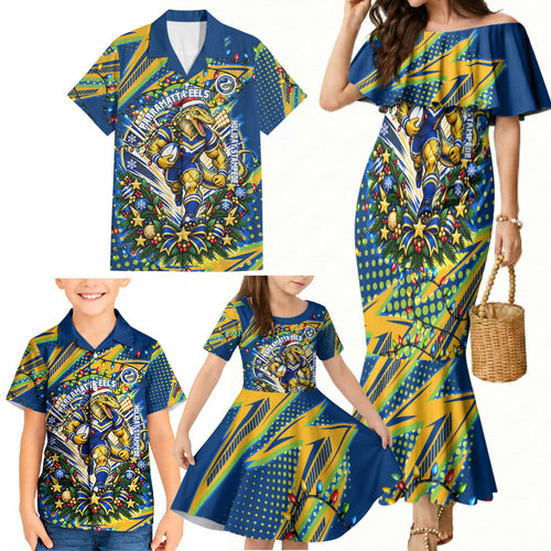 Personalized Parramatta Eels Rugby Christmas Family Matching Mermaid Dress and Hawaiian Shirt Holiday Mascot Graphic Art Festive Lights Bow