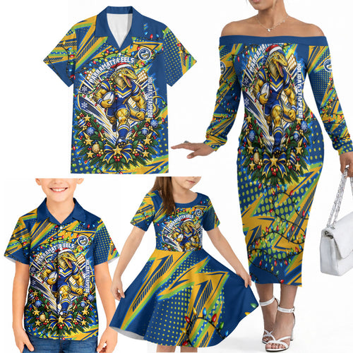 Personalized Parramatta Eels Rugby Christmas Family Matching Off The Shoulder Long Sleeve Dress and Hawaiian Shirt Holiday Mascot Graphic Art Festive Lights Bow