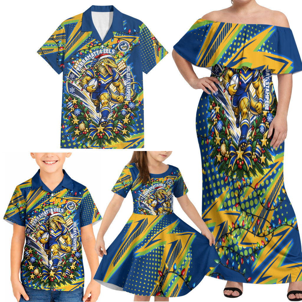 Personalized Parramatta Eels Rugby Christmas Family Matching Off Shoulder Maxi Dress and Hawaiian Shirt Holiday Mascot Graphic Art Festive Lights Bow