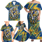 Personalized Parramatta Eels Rugby Christmas Family Matching Off Shoulder Maxi Dress and Hawaiian Shirt Holiday Mascot Graphic Art Festive Lights Bow