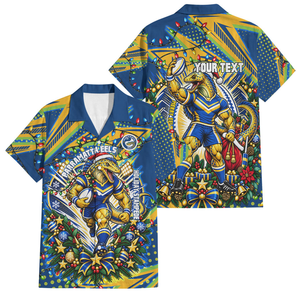 Personalized Parramatta Eels Rugby Christmas Family Matching Off Shoulder Maxi Dress and Hawaiian Shirt Holiday Mascot Graphic Art Festive Lights Bow