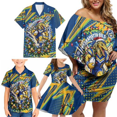 Personalized Parramatta Eels Rugby Christmas Family Matching Off Shoulder Short Dress and Hawaiian Shirt Holiday Mascot Graphic Art Festive Lights Bow