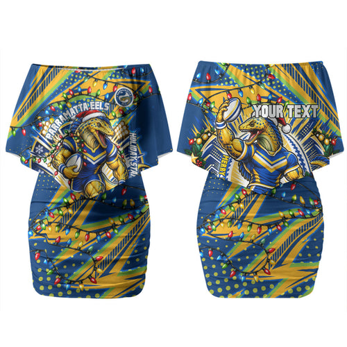 Personalized Parramatta Eels Rugby Christmas Family Matching Off Shoulder Short Dress and Hawaiian Shirt Holiday Mascot Graphic Art Festive Lights Bow